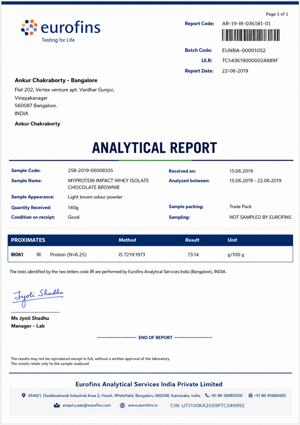 Eurofins India Analytical Report — Myprotein Impact Whey Isolate Chocolate Brownie — Protein N×6.25 result: 73.14g per 100g — June 2019